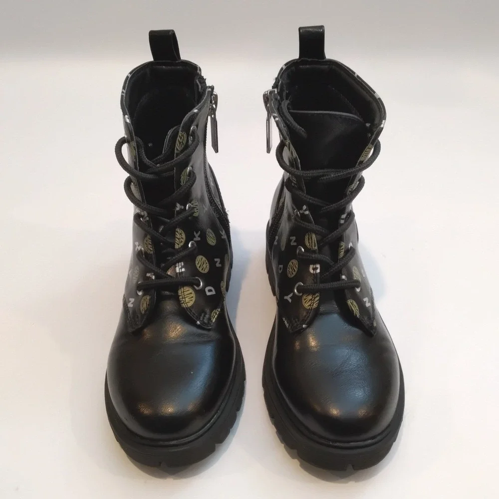 DKNY Girls Black Logo Print Lace Up Side Zip Combat Boots DKN707 Size 12